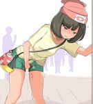 1girl arm_up bag beanie beige_shirt between_legs black_hair blush breasts collarbone embarrassed empty_eyes female floral_print green_shorts grey_eyes half-closed_eyes hand_between_legs hat have_to_pee jpeg_artifacts leaning_forward mizuki_(pokemon_sm) muroi_(fujisan0410) open_mouth peeing peeing_self poke_ball_theme pokemon pokemon_(game) pokemon_sm red_hat shirt short_hair short_shorts short_sleeves shorts silhouette small_breasts smile solo_focus standing steam sweat tied_shirt translation_request trembling wet_clothes white_background 