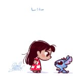  2016 alien black_eyes blue_fur blue_nose blush brown_eyes brown_hair character_name chibi clothed clothing cute david_gilson digital_drawing_(artwork) digital_media_(artwork) disney duo experiment_(species) eye_contact footwear fur hair head_tuft human lilo_and_stitch lilo_pelekai low_res mammal muumuu notched_ear sandals side_view signature simple_background stitch white_background 