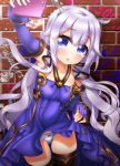  :&lt; absurdres ahoge azur_lane bangs bare_shoulders black_legwear breasts brick_wall cellphone collarbone commentary_request cosplay derivative_work dress dress_lift elbow_gloves eyebrows_visible_through_hair fingerless_gloves gloves hair_between_eyes hair_ornament halterneck head_tilt highres holding holding_cellphone holding_phone lifted_by_self long_hair looking_at_viewer oooqqq outstretched_arm panties parted_lips phone purple_dress purple_gloves purple_hair self_shot small_breasts smartphone solo star striped striped_panties thighhighs triangle_mouth underwear unicorn_(azur_lane) very_long_hair vocaloid xingchen xingchen_(cosplay) 