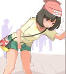  1girl arm_up bag beanie beige_shirt between_legs black_hair blush breasts collarbone embarrassed female floral_print green_shorts grey_eyes half-closed_eyes hand_between_legs hat have_to_pee jpeg_artifacts leaning_forward mizuki_(pokemon_sm) muroi_(fujisan0410) open_mouth poke_ball_theme pokemon pokemon_(game) pokemon_sm red_hat shirt short_hair short_shorts short_sleeves shorts silhouette small_breasts solo_focus standing sweat tied_shirt translation_request trembling white_background 