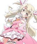  commentary_request fate/kaleid_liner_prisma_illya fate_(series) feathers gloves hair_feathers illyasviel_von_einzbern ixy leg_garter magical_girl pink_gloves pink_legwear prisma_illya red_eyes two_side_up white_gloves white_hair 