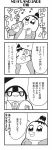  4koma :3 bangs bkub blunt_bangs blush book calimero_(bkub) chakapi closed_eyes comic flying_sweatdrops glasses greyscale halftone hand_on_own_face highres holding holding_book holding_microphone honey_come_chatka!! jacket microphone monochrome multiple_girls music musical_note scrunchie shirt short_hair shouting simple_background singing speech_bubble sweater talking topknot translated two-tone_background 