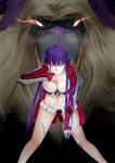  absurdres bikini black_bikini bleeding blood blue_eyes breasts cleavage commentary_request cuts fate/grand_order fate_(series) highres injury jacket large_breasts long_hair looking_at_viewer magic open_clothes open_jacket purple_hair saint_martha saint_martha_(swimsuit_ruler)_(fate) solo swimsuit tarrasque_(fate) tongyong_dongli 