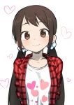  arms_behind_back black_hair blush brown_eyes collarbone commentary eyebrows_visible_through_hair gazacy_(dai) hair_ornament hair_scrunchie heart heart_print highres idolmaster idolmaster_cinderella_girls long_hair looking_at_viewer low_twintails nakano_yuka open_clothes open_shirt plaid plaid_shirt scrunchie shirt simple_background smile solo twintails upper_body white_scrunchie 