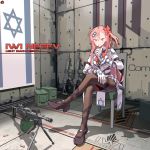  absurdres ammo_box ammunition arm_belt bow bowtie box braid breasts brown_legwear bullet chair circle_a girls_frontline gloves gun hair_bow hair_ornament hairclip hand_on_own_thigh hexagram high_heels highres holding imi_negev indoors israeli_flag jacket light_blush long_hair long_sleeves looking_at_viewer machine_gun medium_breasts miniskirt negev_(girls_frontline) on_chair one_side_up pantyhose parted_lips pink_hair pleated_skirt red_bow red_eyes red_neckwear red_ribbon ribbon shell_casing side_braid sitting skirt smile star_of_david thighband_pantyhose tsurime very_long_hair weapon white_gloves white_skirt 