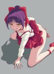  40hara :q arm_support ass bangs bare_legs bow choker dress dress_lift fingernails gegege_no_kitarou glaring grey_background hair_bow hair_bun high_heels highres kneeling leaning_forward looking_at_viewer nekomusume nekomusume_(gegege_no_kitarou_6) panties pinafore_dress pointy_ears purple_hair red_bow red_dress red_footwear seductive_smile shadow sharp_fingernails shiny shiny_hair shirt short_hair silhouette simple_background smile solo spread_legs tongue tongue_out tsurime underwear white_panties white_shirt yellow_eyes 