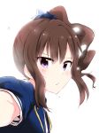  blue_eyes brown_hair eyebrows_visible_through_hair hair_between_eyes hair_ornament highres idolmaster idolmaster_million_live! long_hair portrait short_sleeves side_ponytail solo white_background yasaka_shuu yokoyama_nao 