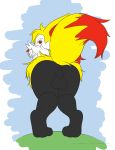  2014 3_toes abstract_background anthro anus backsack balls bent_over braixen butt canine digital_media_(artwork) fur hi_res inner_ear_fluff kurama_the_braixen looking_at_viewer looking_back low-angle_view male mammal mrpandragon nintendo orange_eyes orange_nose pok&eacute;mon pok&eacute;mon_(species) presenting raised_tail simple_background solo standing toes video_games 