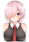  :o bangs bare_shoulders blush breasts collared_dress dress eyebrows_visible_through_hair fate/grand_order fate_(series) hair_over_one_eye large_breasts long_hair looking_at_viewer mash_kyrielight necktie noa_(letizia) off_shoulder parted_lips pink_hair purple_eyes red_neckwear simple_background sleeveless sleeveless_dress solo sweat white_background 