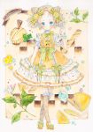  absurdres ahoge ankle_strap bad_id bad_pixiv_id beige_legwear blue_eyes bow choker collar commentary_request crossed_legs dated detached_collar double_bun dress earrings flower food food_themed_earrings food_themed_hair_ornament frilled_collar frilled_cuffs frilled_dress frills fruit full_body green_bow hair_bow hair_ornament hand_up high_heels highres ice ice_cream ice_cube jewelry kneehighs lemon lemon_earrings lemon_hair_ornament lemon_slice looking_at_viewer necklace original pearl_necklace short_sleeves signature solo star striped striped_bow striped_legwear striped_neckwear traditional_media twintails uni_(setsuna_gumi39) watercolor_(medium) watson_cross wrist_cuffs yellow_dress yellow_footwear 