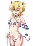  akatsuki_kirika animal_print bare_shoulders bell bikini blonde_hair blush breast_squeeze breasts collar commentary covered_nipples cow_bell cow_horns cow_print cow_tail cowboy_shot green_eyes groin hair_between_eyes hair_ornament highres horns legs_together looking_at_viewer medium_breasts navel one_eye_closed open_mouth print_bikini senki_zesshou_symphogear shiny shiny_hair shiny_skin short_hair shunzou sideboob simple_background skindentation solo standing swimsuit tail tail_raised teeth thighhighs thighs underboob undressing untied untied_bikini white_background x_hair_ornament 