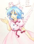  2015 bangs bare_arms blue_eyes blue_hair bow buttons character_name colored_eyelashes commentary_request dated dress eyebrows eyebrows_visible_through_hair feathered_wings feathers hair_bow hand_up io_(maryann_blue) mai_(touhou) pink_bow pink_dress pink_wings puffy_short_sleeves puffy_sleeves short_hair short_sleeves simple_background solo touhou touhou_(pc-98) traditional_media twitter_username uneven_eyes v-shaped_eyebrows white_background wings 