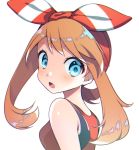  blue_eyes brown_hair hair_ribbon haruka_(pokemon) highres long_hair looking_at_viewer looking_back open_mouth pokemon pokemon_(game) pokemon_oras red_shirt ribbon shiny shiny_hair shirt simple_background sleeveless sleeveless_shirt solo striped striped_ribbon upper_body white_background yuihiko 