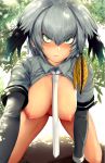  all_fours bangs bare_legs black_hair blush bottomless breasts breasts_apart closed_mouth collarbone collared_shirt commentary_request dappled_sunlight day eyebrows_visible_through_hair green_eyes grey_hair grey_shirt hair_between_eyes hanging_breasts kemono_friends long_hair long_sleeves looking_at_viewer low_ponytail medium_breasts multicolored_hair necktie nipples no_bra nose_blush open_clothes open_shirt orange_hair outdoors pekoneko shiny shiny_hair shirt shoebill_(kemono_friends) short_over_long_sleeves short_sleeves side_ponytail solo sunlight tsurime white_neckwear wing_collar 