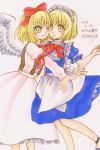  2girls :o ;) apron bangs bare_arms blonde_hair blue_dress blue_footwear bow bowtie character_name closed_mouth dated dress eyebrows eyebrows_visible_through_hair feathered_wings gengetsu hair_bow highres hug io_(maryann_blue) long_skirt long_sleeves maid_apron maid_headdress mugetsu multiple_girls one_eye_closed open_mouth pink_shirt pink_skirt puffy_long_sleeves puffy_short_sleeves puffy_sleeves red_bow red_neckwear shirt short_hair short_sleeves siblings sisters skirt skirt_set smile touhou touhou_(pc-98) traditional_media twitter_username waist_apron white_apron white_wings wings yellow_eyes 