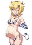  akatsuki_kirika animal_print bare_shoulders bell bikini blonde_hair blush breast_squeeze breasts collar covered_nipples cow_bell cow_horns cow_print cow_tail cowboy_shot green_eyes hair_between_eyes hair_ornament highres horns legs_together looking_at_viewer medium_breasts navel one_eye_closed open_mouth pinky_out pregnant print_bikini senki_zesshou_symphogear shiny shiny_hair shiny_skin short_hair shunzou simple_background skindentation solo standing swimsuit tail tail_raised teeth thighhighs undressing untied untied_bikini white_background x_hair_ornament 