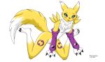  anthro armwear black_sclera blue_eyes breasts chest_tuft claws clothing diamondstorm digimon dipstick_tail featureless_breasts featureless_crotch female fur looking_at_viewer multicolored_tail nude renamon simple_background tuft white_background white_fur yellow_fur 