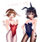  :d animal_ears bangs bare_shoulders black_hair black_legwear blue_eyes blue_leotard blush bow bowtie breasts brown_eyes brown_hair bunny_ears bunny_girl bunny_tail bunnysuit cleavage clenched_hand closed_mouth contrapposto covered_navel cowboy_shot detached_collar fishnet_pantyhose fishnets hair_between_eyes hand_on_hip highleg highleg_leotard kill_la_kill leotard looking_at_viewer mankanshoku_mako matoi_ryuuko medium_breasts mittsun multicolored_hair multiple_girls open_mouth pantyhose red_hair red_leotard seamed_legwear short_hair smile standing strapless strapless_leotard streaked_hair tail two-tone_hair white_background white_legwear wrist_cuffs 