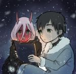  1boy 1girl black_hair book coat commentary_request couple crying crying_with_eyes_open darling_in_the_franxx fur_trim grey_coat hiro_(darling_in_the_franxx) holding holding_book horns long_hair oni_horns parka pink_hair red_sclera red_skin spoilers tears winter_clothes winter_coat zero_two_(darling_in_the_franxx) 