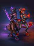  2018 4_ears anthro breasts claws clothed clothing digital_media_(artwork) divenka duo ear_piercing facial_piercing female fire fur hair horn jackrow looking_at_viewer male mammal melee_weapon multi_ear nose_piercing nose_ring piercing simple_background standing sword weapon 