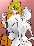  2015 anthro big_breasts blonde_hair blush bra breasts cat clothing duo feline female female/female hair hayakain huge_breasts kitty_(hayakain) mammal nude tabykat tabytha tiger underwear 