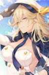  azur_lane bangs black_gloves blonde_hair blue_eyes blue_neckwear blue_sky blush breasts buttons closed_mouth cloud collar commentary crossed_bangs day dress eyebrows_visible_through_hair fingerless_gloves floating_hair gloves hair_between_eyes half-closed_eyes hand_on_headwear hand_on_hip hat jacket_on_shoulders long_hair medium_breasts messy_hair microdress necktie outdoors peaked_cap sidelocks sky solo sourenkio straight_hair tennessee_(azur_lane) tsurime turret underwear upper_body white_dress white_hat wind wind_lift 