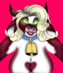  &lt;3 &lt;3_eyes absurd_res anthro bell big_breasts blonde_hair bovine breasts cattle cowbell curly_hair dsl female green_eyes grin hair hi_res horn lady(moozdamilfshake) lipstick looking_at_viewer makeup mammal mature_female moozdamilfshake pink_nose red_lipstick short_hair smile solo wavy_hair 