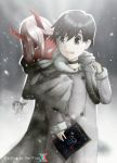  1girl black_hair blue_eyes book coat commentary couple darling_in_the_franxx green_eyes grey_coat hiro_(darling_in_the_franxx) holding holding_book horns john_carvie long_hair looking_back oni_horns parka pink_hair red_sclera red_skin snow snowing spoilers winter_clothes winter_coat zero_two_(darling_in_the_franxx) 