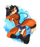 ankle_cuffs anthro big_tail black_fur black_hair canine clothed clothing collar enjoipandas fox fur hair handcuffs hi_res looking_at_viewer looking_back male mammal orange_fur partially_clothed shackles smile solo tan_fur 