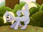  2014 4:3 derpy_hooves_(mlp) equine feathered_wings feathers female feral friendship_is_magic fur grass grey_feathers grey_fur hair mammal my_little_pony nude one_leg_up open_mouth outside peeing pegasus pussy solo spread_legs spreading tree urine wings zokkili 
