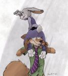  2017 3_toes 4_fingers anothercolouranon anthro belt belt_pouch brown_fur bulletproof_vest canine carrying claws clothed clothing colored disney duo female fox fully_clothed fur gloves_(marking) grey_fur hi_res judy_hopps lagomorph leg_grab long_ears looking_aside male mammal markings necktie nick_wilde pants police_uniform purple_eyes rabbit shirt standing teaselbone toes uniform zootopia 