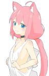  :3 absurdres ahoge animal_ear_fluff animal_ears bangs bare_arms bare_shoulders black_choker blue_eyes blush cat_ears choker closed_mouth donguri_suzume highres hinata_channel long_hair looking_at_viewer loose_clothes loose_shirt low_twintails naked_shirt nekomiya_hinata pink_hair pulled_by_self shirt shirt_pull simple_background sleeveless sleeveless_shirt smile solo twintails upper_body very_long_hair white_background white_shirt 