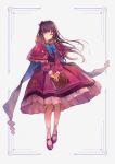  blue_neckwear book bow bowtie breasts capelet closed_mouth dress floating_hair full_body grey_background highres holding holding_book kobuta long_hair long_sleeves looking_at_viewer original purple_hair red_capelet red_eyes red_footwear shoes simple_background solo 