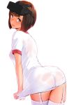  ass blush brown_eyes brown_hair closed_mouth copyright_request cowboy_shot embarrassed eyebrows_visible_through_hair from_behind garter_straps leaning_forward looking_at_viewer looking_back naked_shirt nanahime see-through_silhouette shirt shirt_pull short_hair short_sleeves signature simple_background tears thighhighs vr_visor wet wet_clothes wet_shirt white_background white_legwear white_shirt 