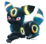  black closed_mouth commentary_request full_body gen_2_pokemon glowing looking_at_viewer manino_(mofuritaionaka) no_humans pokemon pokemon_(creature) signature simple_background sitting umbreon white_background wide-eyed 