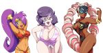  3girls arms_(game) artist_request bikini blue_eyes breasts dark_skin domino_mask glasses green_eyes large_breasts looking_at_viewer mask medium_breasts multiple_girls nail_polish open_mouth parted_lips pink-framed_eyewear pokemon purple_hair shantae_(character) shantae_(series) smile source_request twintelle_(arms) white_hair wicke_(pokemon) 