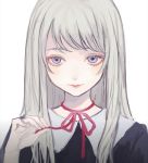  choker closed_mouth dress grey_hair hand_up highres light_smile long_hair looking_at_viewer neck_ribbon original p2_(uxjzz) purple_dress purple_eyes red_neckwear red_ribbon ribbon ribbon_choker simple_background smile solo upper_body white_background 