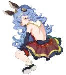  animal_ears backless_dress backless_outfit bangs bare_back bare_shoulders black_footwear black_gloves blue_hair breasts brown_eyes dress elbow_gloves erune ferry_(granblue_fantasy) full_body gloves granblue_fantasy hair_ornament jewelry long_hair looking_at_viewer looking_back one_eye_closed red_dress sash shiny shiny_skin shoes simple_background single_earring sitting socks solo sunao_(souis) thigh_strap wariza wavy_hair white_background white_legwear 