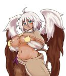  ahoge blue_eyes breasts claws commentary dark_skin english_commentary facial_mark fur griffon_(monster_girl_encyclopedia) hair_between_eyes highres huge_breasts looking_at_viewer monster_girl monster_girl_encyclopedia nav navel paws short_hair smile solo stomach tail transparent_background underboob white_hair wings 