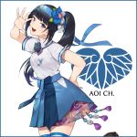  aoi_ch. bangs black_hair blue_eyes blue_skirt blunt_bangs buttons commentary copyright_name fuji_aoi hakama_skirt hand_up highres hitoto looking_at_viewer miniskirt mole mole_under_eye open_mouth ponytail school_uniform short_sleeves skirt smile solo thighhighs virtual_youtuber zettai_ryouiki 