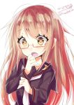  black_serafuku blush brown_hair commentary_request crescent crescent_moon_pin eyebrows_visible_through_hair glasses hair_between_eyes highres hizaka kantai_collection long_hair long_sleeves looking_at_viewer mochizuki_(kantai_collection) open_mouth red-framed_eyewear school_uniform serafuku simple_background solo white_background yellow_eyes 