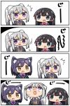  3girls 4koma animal_ears bangs black_hair black_jacket blazer blue_eyes blush bow brown_eyes cat_ears comic eyebrows_visible_through_hair hair_between_eyes higuchi_kaede jacket kanikama kemonomimi_mode long_hair looking_at_another looking_away looking_to_the_side multiple_girls necktie nijisanji open_blazer open_clothes open_jacket pink_bow plaid_neckwear purple_bow purple_eyes purple_hair purple_neckwear shizuka_rin short_hair silent_comic silver_hair sweat sweater translated tsukino_mito very_long_hair virtual_youtuber 