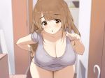  bent_over blurry breasts brown_eyes brown_hair chestnut_mouth cleavage covered_nipples depth_of_field eyebrows_visible_through_hair hand_on_hip indoors kaisen_chuui large_breasts long_hair no_pants non-web_source original panties pink_panties pointing pointing_at_viewer shirt short_sleeves solo t-shirt tareme underwear 