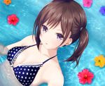  bikini breasts brown_hair collarbone commentary_request flower looking_at_viewer mito_ichijyo original parted_lips partially_submerged polka_dot polka_dot_bikini polka_dot_swimsuit purple_eyes short_hair side_ponytail small_breasts solo swimsuit upper_body water 