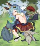  animal animal_ears backless_dress backless_outfit bangs bare_back bare_shoulders black_footwear black_gloves blue_hair breasts brown_eyes commentary_request dress elbow_gloves erune ferry_(granblue_fantasy) gloves granblue_fantasy hair_ornament jewelry long_hair looking_at_viewer looking_back monster nature one_eye_closed outdoors red_dress sash shiny shiny_skin shoes single_earring sitting socks solo sunao_(souis) thigh_strap wariza wavy_hair white_legwear 