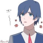  blue_eyes blue_hair blush commentary_request darling_in_the_franxx eyebrows_visible_through_hair flowes gassa_bg highres hiro_(darling_in_the_franxx) male_focus military military_uniform necktie red_neckwear solo uniform 