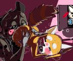  &lt;3 &lt;3_eyes aggressive_retsuko anthro being_recorded being_watched blush canine cunnilingus ear_droop eyes_closed female fennec fenneko fox haida hand_on_butt hyena latex_leggings male male/female mammal oral orgasm phone pussy_juice red_panda retsuko sanrio sex sonne steam sweat vaginal 