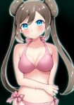 absurdres bikini black_background blue_eyes blush bow breasts brown_hair cleavage collarbone hair_between_eyes head_tilt highres long_hair looking_at_viewer medium_breasts mei_(pokemon) navel pink_bikini pink_bow pokemon pokemon_(game) pokemon_bw2 shiny shiny_hair solo standing swimsuit twintails very_long_hair yuihiko 