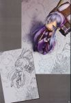  absurdres book cloud comparison drawing foreshortening hairband highres looking_at_viewer minigirl nib_pen_(object) open_mouth original pen purple purple_eyes purple_hair purple_hairband scan sidelocks smile tsukushi_akihito 