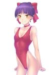  ass_visible_through_thighs bangs bow breasts choker contrapposto cowboy_shot gegege_no_kitarou hai_(h81908190) hair_bow highleg highleg_swimsuit looking_at_viewer nekomusume nekomusume_(gegege_no_kitarou_6) pointy_ears purple_hair red_bow red_choker red_swimsuit short_hair simple_background small_breasts solo standing swimsuit white_background yellow_eyes 